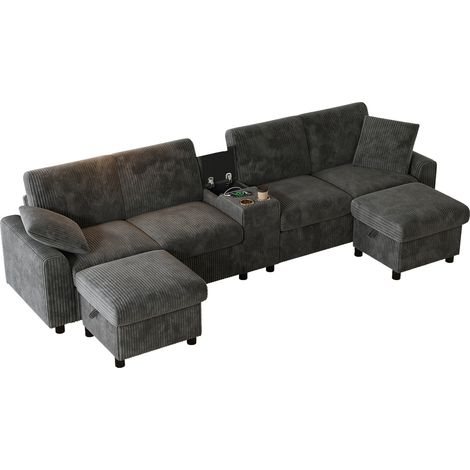 Divano a U in velluto a coste grigio con 2 pouf contenitore, tavolino, USB e Type-C (1/5)