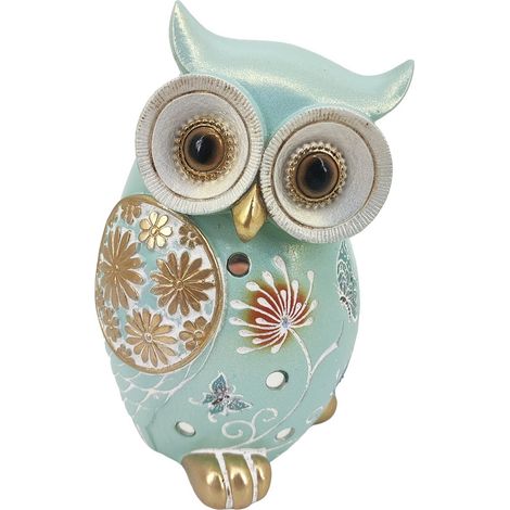 Figura de búho de resina verde menta con flores doradas 15 cm (1/2)