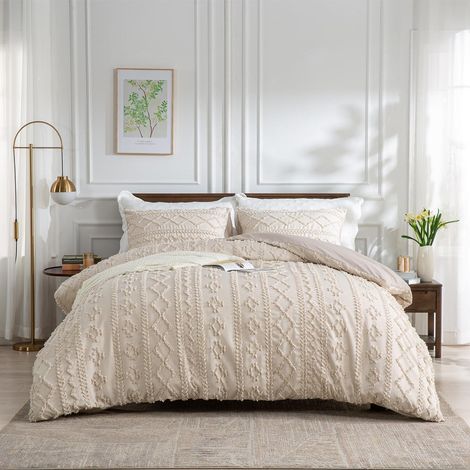 Bettwäsche-Set 135x200 cm Beige Creme Boho Getuftet Microfaser mit Reißverschluss