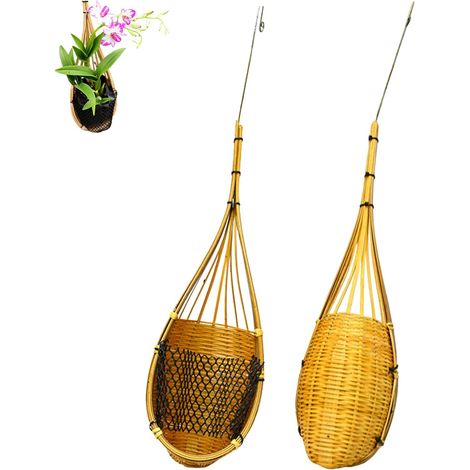 Pot de fleurs suspendu en bambou tressé thaïlandais avec crochet métal, lot 2, style nid d'oiseau (1/5)