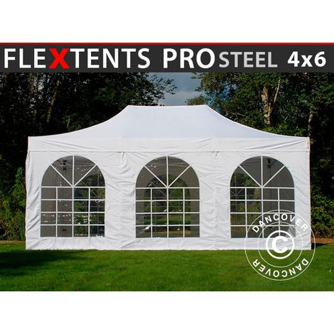 Pop up gazebo FleXtents PRO Steel Vintage Style 4x6 m White, incl. 8 sidewalls