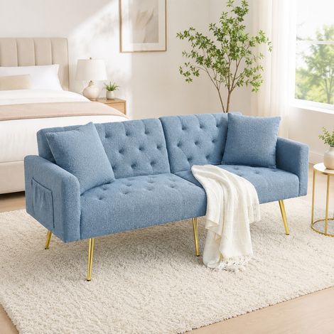 Sofá de 2 plazas en tejido Teddy azul, respaldo reclinable en 3 posiciones, OKWISH (1/5)