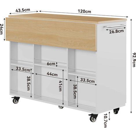 Îlot de cuisine mobile avec plan de travail rabattable en MDF blanc et plateau en chêne 120 cm (1/5)
