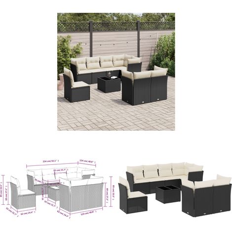 9-tlg. Garten-Sofagarnitur mit Kissen Schwarz Poly Rattan - Gartensortiment - Gartenmöbelset - Lounge Set - Rattan Möbel - Balkonmöbel - Home & Living (1/3)