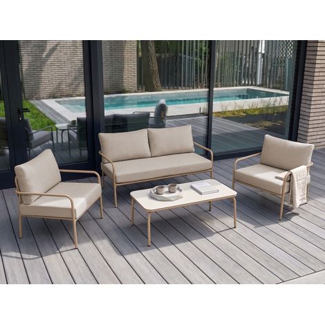 Conjunto de sofá y mesa de 4 plazas con estructura de acero y cojines de tejido repelente al agua con fundas extraíbles beige claro Nesso (1/5)