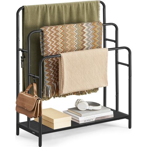 Porte Serviette Salle de Bain, Range Serviette, sur Pied, 3 Barres, 70 x 30 x 100 cm, 2 Crochets, Étagère de Rangement, Noir d’Encre et Noir Boisé (1/5)