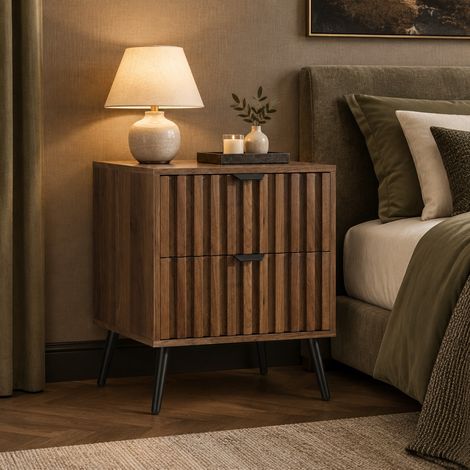 Comodino con 2 cassetti, MDF e gambe in metallo, noce, 45 x 40 x 53 cm DESVIAE (1/5)