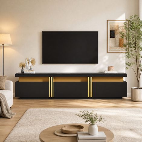 Mueble TV negro 200 x 40 x 42 cm, 3 cajones, efecto mármol, para TV hasta 90 pulgadas HAVRYA (1/5)