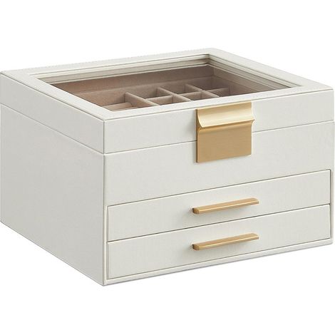 Scatola portagioie a tre livelli con coperchio in vetro, 2 cassetti, bianco nuvola e oro, 23x27x13,5 cm.