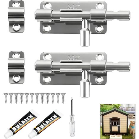 Lot de 2 verrous de porte en acier inoxydable robustes avec trou pour cadenas pour jardins, salles de bain et abris de jardin Inclus :vis de fixation, colle sans clous et tournevis à poignée (argenté) (1/5)