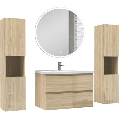 Ocean Ensemble de Meuble salle de bain 79cm + miroir led rond + 2 colonnes 131.5cm, Chêne Haut Brillant