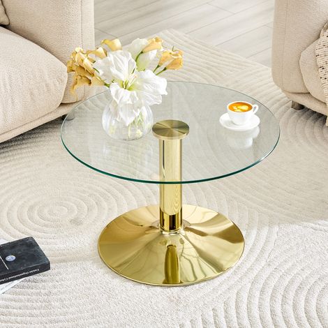 Table basse ronde 70cm en verre trempé – Structure métallique robuste finition dorée – Plateau sécurisé – Déco moderne pour salon et salle d’accueil (1/5)