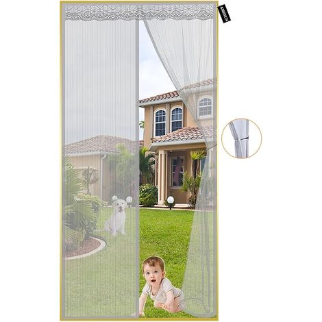 Moustiquaire de Porte Magnétique,Rideau de Anti,Insectes 110x235cm fermeture magnétique de haut en bas Rideau Anti Mouche sans Percer pour Balcon porte Cave Terrasse,Gris (1/5)