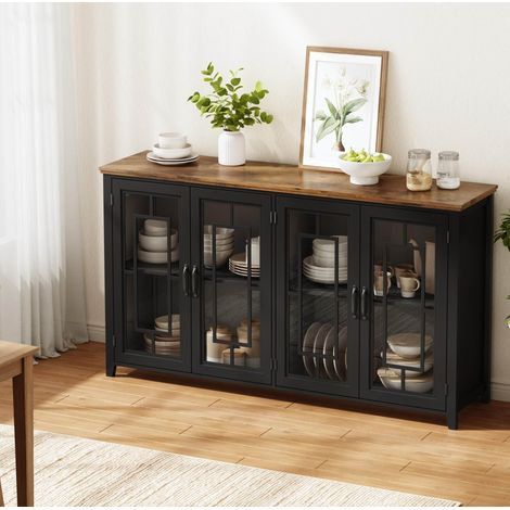 Credenza da cucina 160x40x86 cm con ante in vetro, ampio spazio contenitivo, piano effetto legno, MDF nero (1/5)