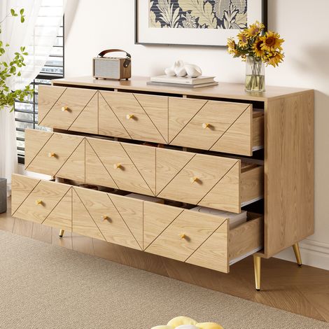 Commode en panneaux de particules coloris naturel 9 tiroirs, pieds en fer, 120 x 39 x 80 cm (1/5)