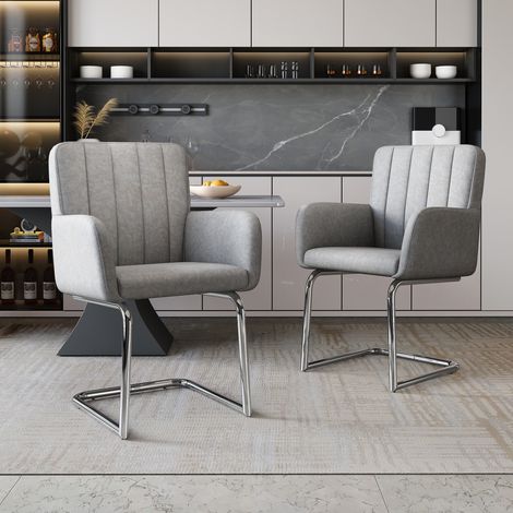 Lot de 2 chaises de salle à manger à rayures verticales, fauteuil rembourré avec pieds métalliques en zigzag, chaise lounge, chaise de salon, similicuir, gris (ancien SKU: N634P203884G) (1/5)
