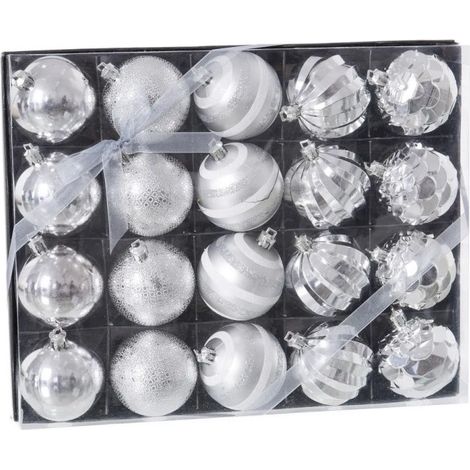 Set de 20 boules de Noël argentées décorées - 6cm (1/3)