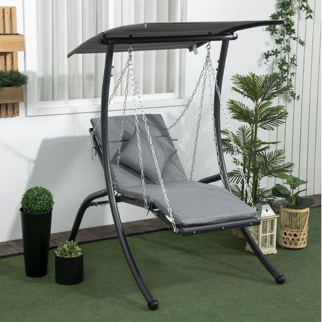 Dondolo da giardino in acciaio grigio scuro, 108x145x169 cm, 2 posizioni seduta/relax con tettuccio regolabile e cuscino (1/5)