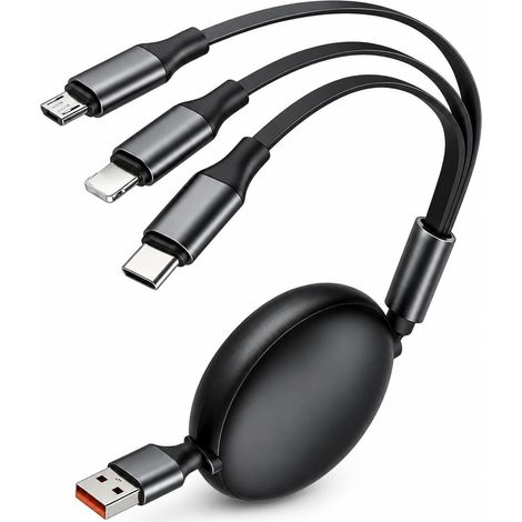 Câble de Charge 3 en 1, Cable Multi Chargeur, USB A vers Type C Micro et L, Modèle Rétractable Extensible, Synchronisation Rapide, Design Compact pour Voiture Bureau Voyage Famille (1/5)