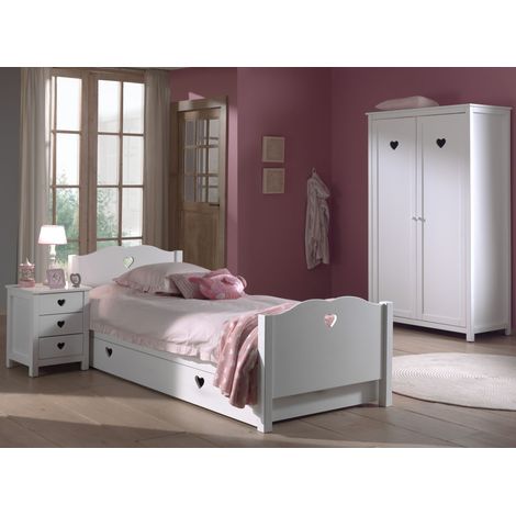 Lit avec tiroir + chevet + armoire 2 portes en pin blanc - AMORENA (1/5)