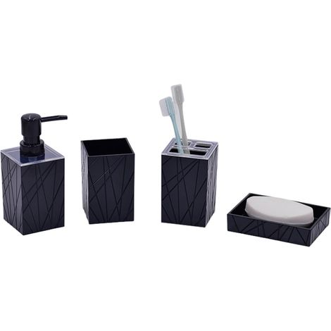 Set Accessoires Salle De Bains - Distributeur Savon Pompe - Porte-Brosse À Dents - Gobelet - Plat À Savon - Noir - 4 Pièces (1/5)