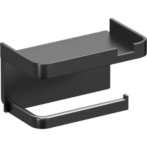Toilet Paper Holder, Sticky Paper Towel Roll Dispenser, Bathroom Organizer with Phone Holder, Black 7.09 x 4.41 inches (1/5)