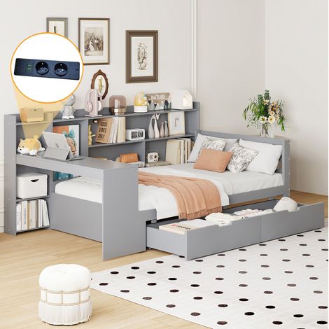 Letto multifunzionale in legno massello 90x200 cm grigio con scrivania, libreria, ripiani, 2 cassetti, presa USB e rete a doghe (1/5)