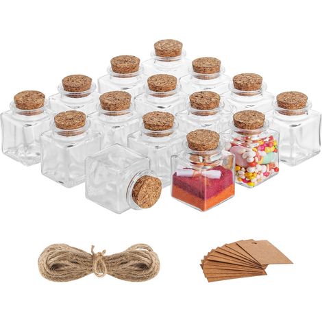 Belle Vous Set mit 15 Glasbehältern mit Korken, Etiketten und Schnur – 50 ml – Mini-Quadrat-Vorratsgläser, luftdicht und beschriftet für Hochzeiten, Partys, Gewürze und Marmeladen (1/5)