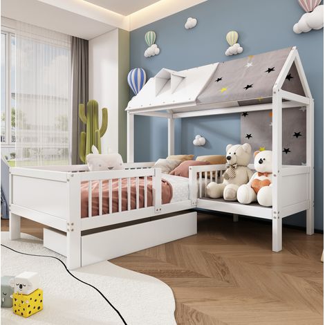 DESVIAE Lit cabane enfant en bois avec tiroirs de rangement sommier à lattes 90 x 200 cm blanc (1/5)