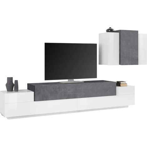 Mobile TV da Terra 240 cm con Pensile in Legno Bianco Lucido Report (1/4)