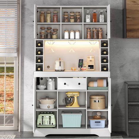 Meuble de cuisine haut 180 x 105 x 40 cm avec LED, prises, tiroir et range-bouteilles blanc DESVIAE (1/5)