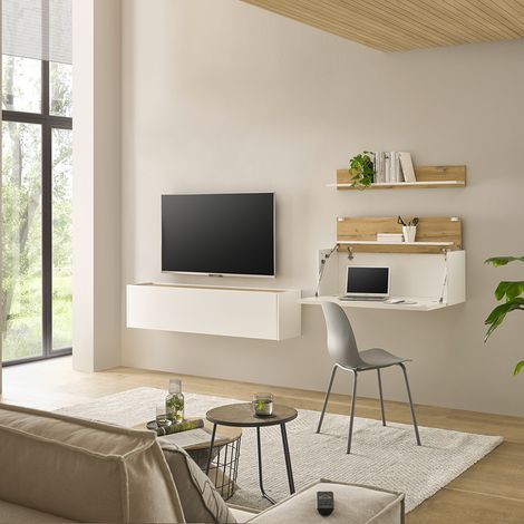 Wohnwand weiß mit Eiche CRISP-61 modern 3-teilig mit Homeoffice-Lösung (1/5)