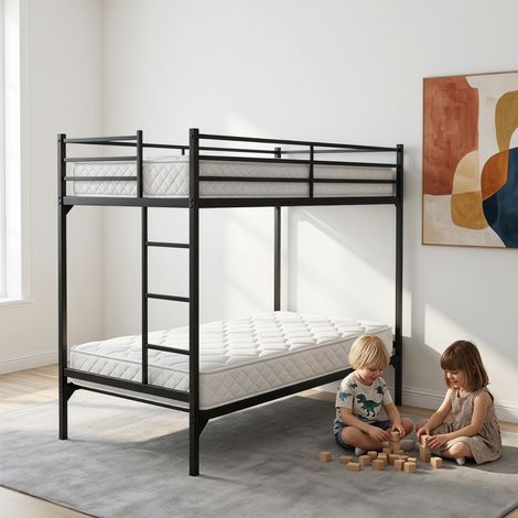 Pack Lit Superposé Métal Noir 90x190 cm + 2 Matelas 90x190x10 cm - Cadre Robuste 800kg + Matelas Mousse Haute Densité (1/4)