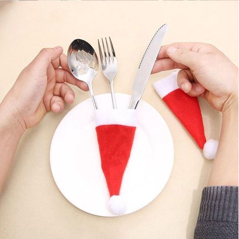 Lot de 6 sacs à couverts bonnet de Noël - Porte-couverts de Noël - Couverts non inclus - Accessoire de table (1/5)