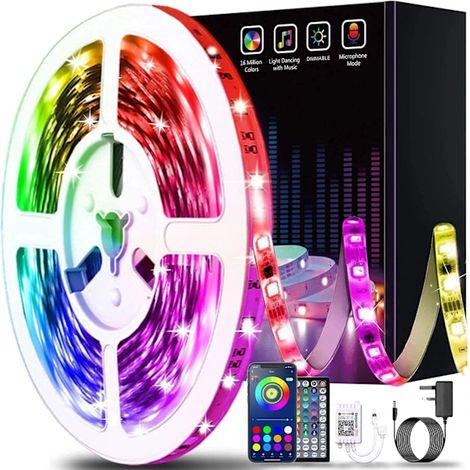 Bande LED de 15 m avec contrôle Bluetooth via application intelligente, synchronisation musicale et changement de couleur RGB, télécommande incluse. (1/5)