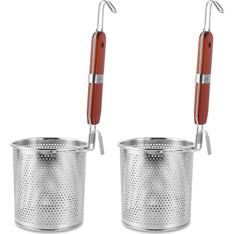 Lot de 2 passoires à pâtes acier inoxydable de 14 cm - Micro-perforées - Manche en bois - Passoire de cuisine - Passoire à vermicelles (1/5)