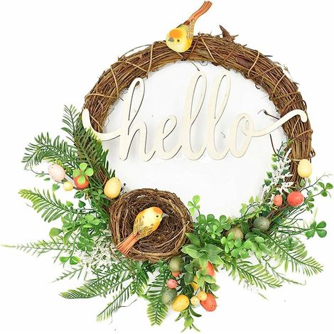 royaluxe- Couronne de forêt artificielle Hello avec nid d'oiseaux, œufs de Pâques, guirlande printemps/été pour porte d'entrée, mur de maison, décoration à suspendre Vert 43,2 cm (1/5)