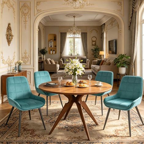 Silla de comedor de metal y terciopelo turquesa con respaldo ergonómico, asiento acolchado y patas ajustables (1/5)