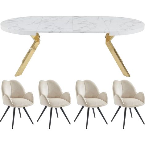 Set tavolo KOMONI + 4 sedie GULSUN Effetto marmo Bianco e Beige