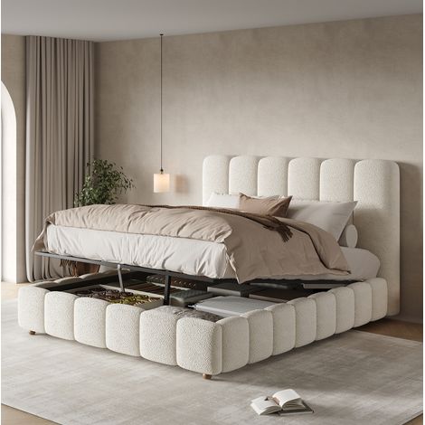 Letto imbottito 140x200 cm con contenitore idraulico, rete e rivestimento bouclé bianco OKWISH (1/5)