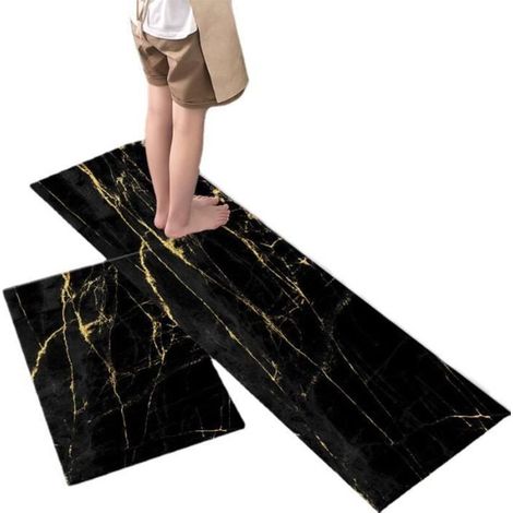 Tapis de cuisine antidérapant - 2 pièces 40x60 cm et 40x120 cm Noir Or - Lavable en machine, idéal pour la salle de bain. (1/4)