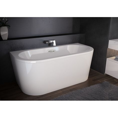ECOLAM® exklusive Vorwandbadewanne 140x75 cm Volya Wandbadewanne halb freistehende Badewanne moderne Wanne + Ablaufgarnitur Click Clack Überlauf Slim Design glamour weiß