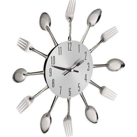 Horloge murale en forme de couverts, horloge de cuisine cuillère et fourchette, Ø 31 cm, métal, fonctionne à piles, silencieuse, argentée