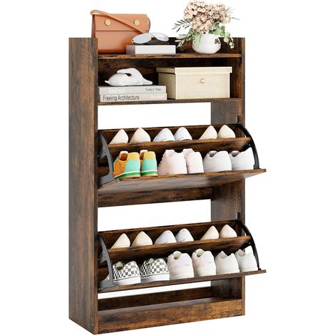 Meuble à Chaussures avec 2 Tiroirs Abattants, Meuble à Chaussures Mince et Caché avec Rangement Ouvert, pour Entrée, Couloir, Hall, Salon, Marron (1/5)