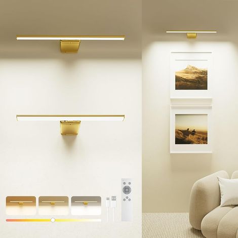 Lampe de Tableau Sans Fil Rechargeable 12000mAh avec Télécommande, Éclairage LED Dimmable pour Peintures et Cadres, Applique Murale Intérieur, 3 Couleurs, CRI 95+, Minuterie & Mémoire, Or, Lot de 2 (1/5)
