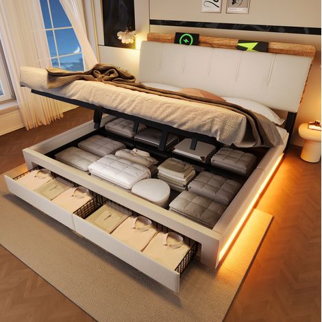 Cama doble con almacenamiento LED y USB beige OKMYHOME (1/5)
