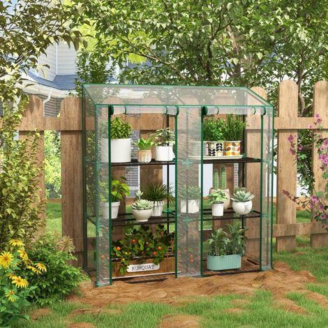 Mini-serre de jardin 3 niveaux, 6 étagères en grillage, 2 ouvertures, transparente, acier REDOM (1/5)
