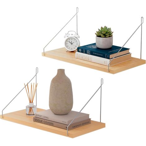 2 Pcs Étagère Murale Bois pour Salle de Bain Cuisine Chambre Murale Livre Deco Murale Ne Laisse Aucune Trace Crochets, Métalliques Amovibles Design Moderne (1/5)
