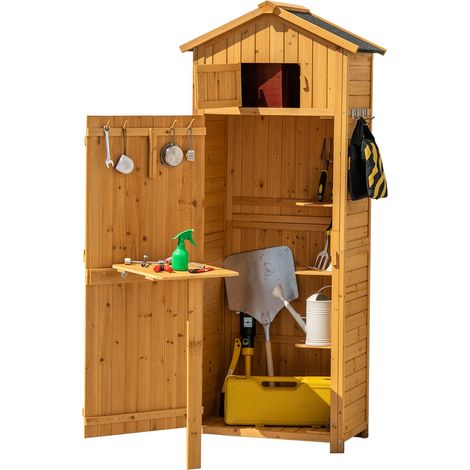 Armoire de jardin en bois - Résistant aux intempéries - Avec porte, étagère et 8 crochets - Avec toit à pignon, abri de jardin pour jardin et terrasse - 70 x 35,5 x 176 cm - Naturel (1/5)
