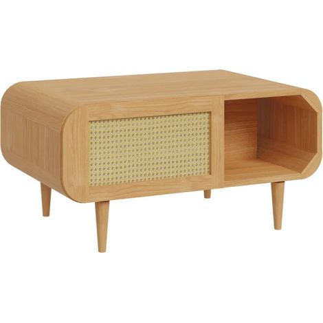 Table basse L. 100 cm décor chêne cannage rotin pieds en bois - VIVIAN (1/5)